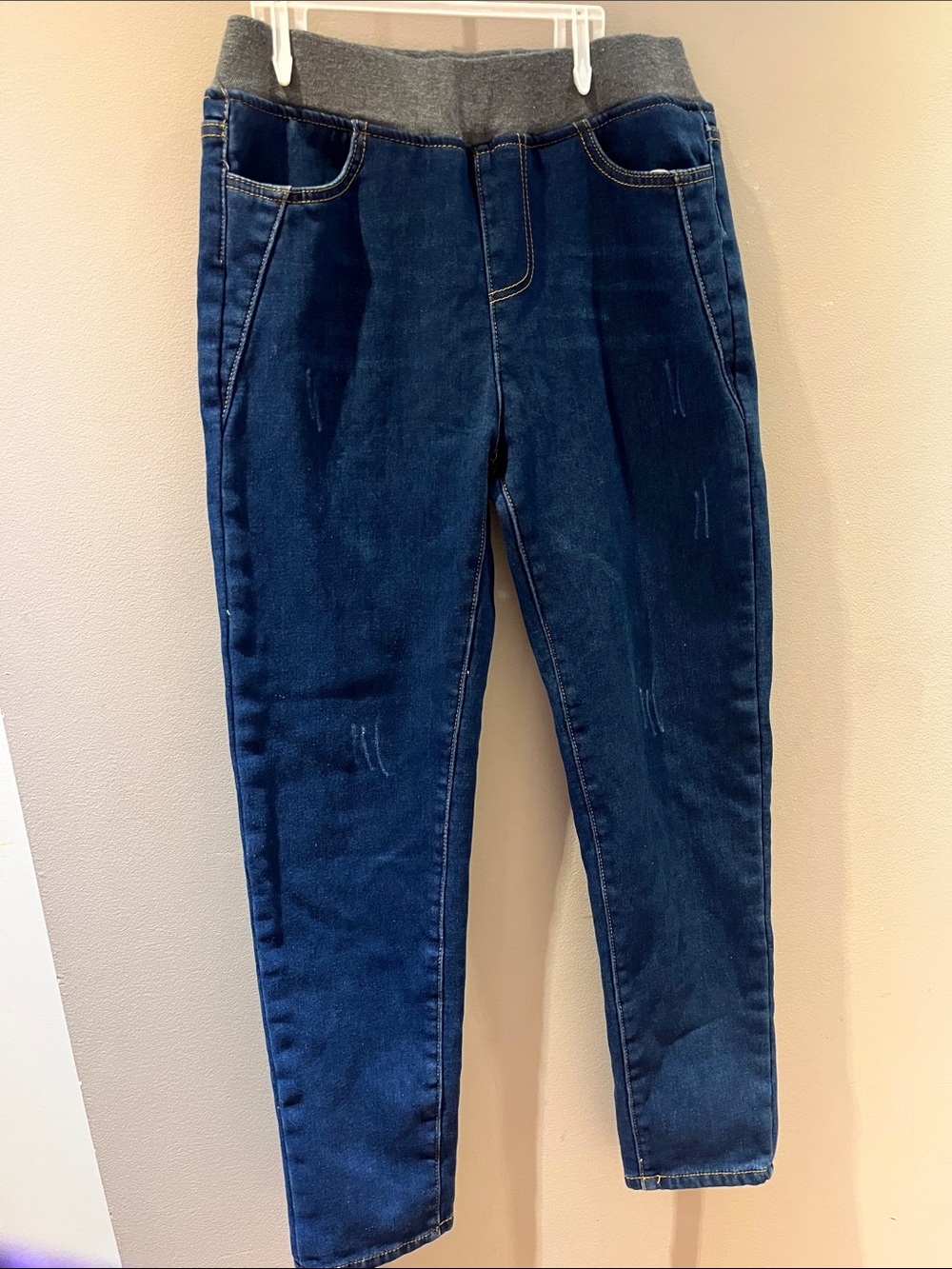 Warm fleece Dark Blue Pull-On Jeggings with Gray Stretch Waistband